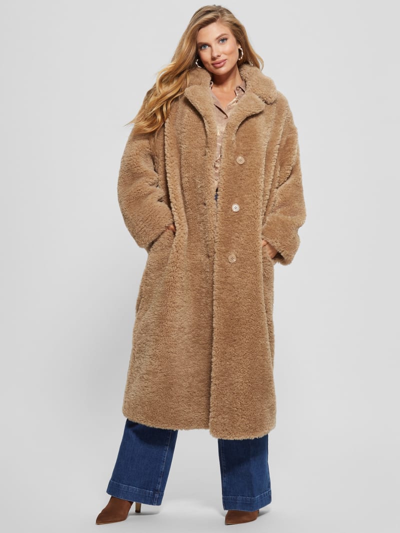 Guess Eco Alina Teddy Longline Coat - Wet Sand