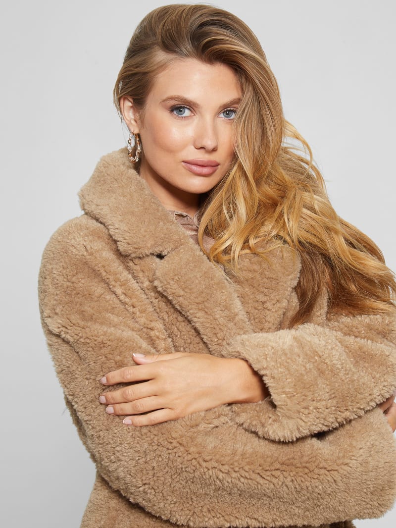 Guess Eco Alina Teddy Longline Coat - Wet Sand