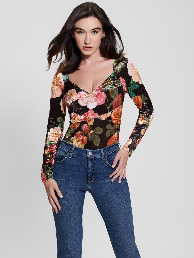 Guess Dianna Velvet Top - Peony Charm Print Black