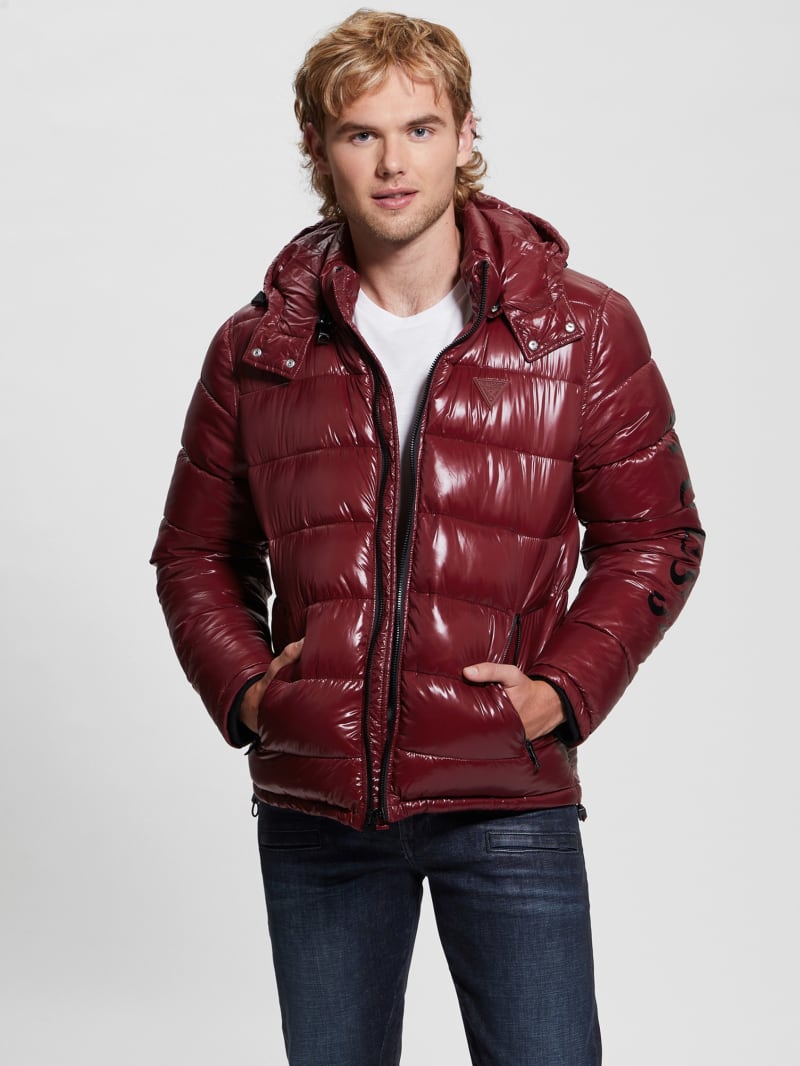 Guess Shiny Hooded Puffer Jacket - Vino