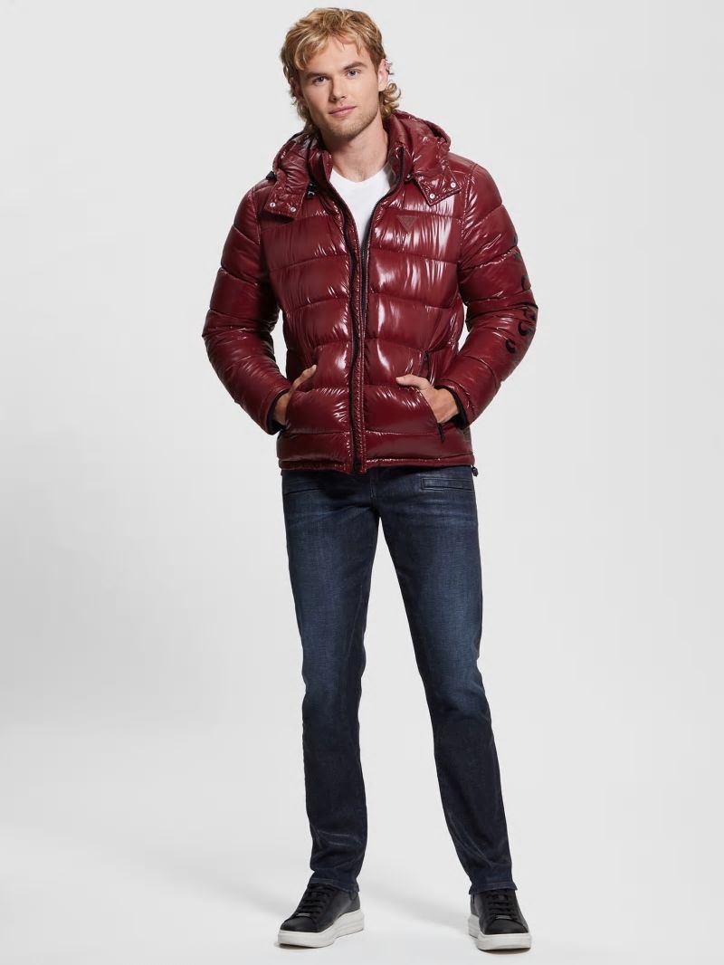 Guess Shiny Hooded Puffer Jacket - Vino