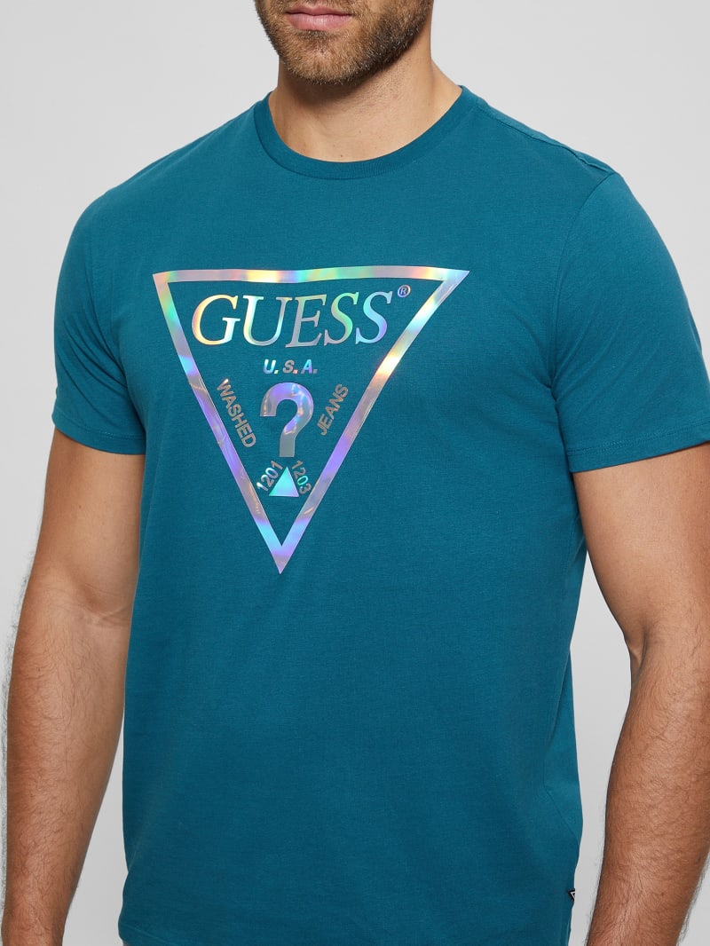 Guess Iridescent Signature Tee - Bold Teal