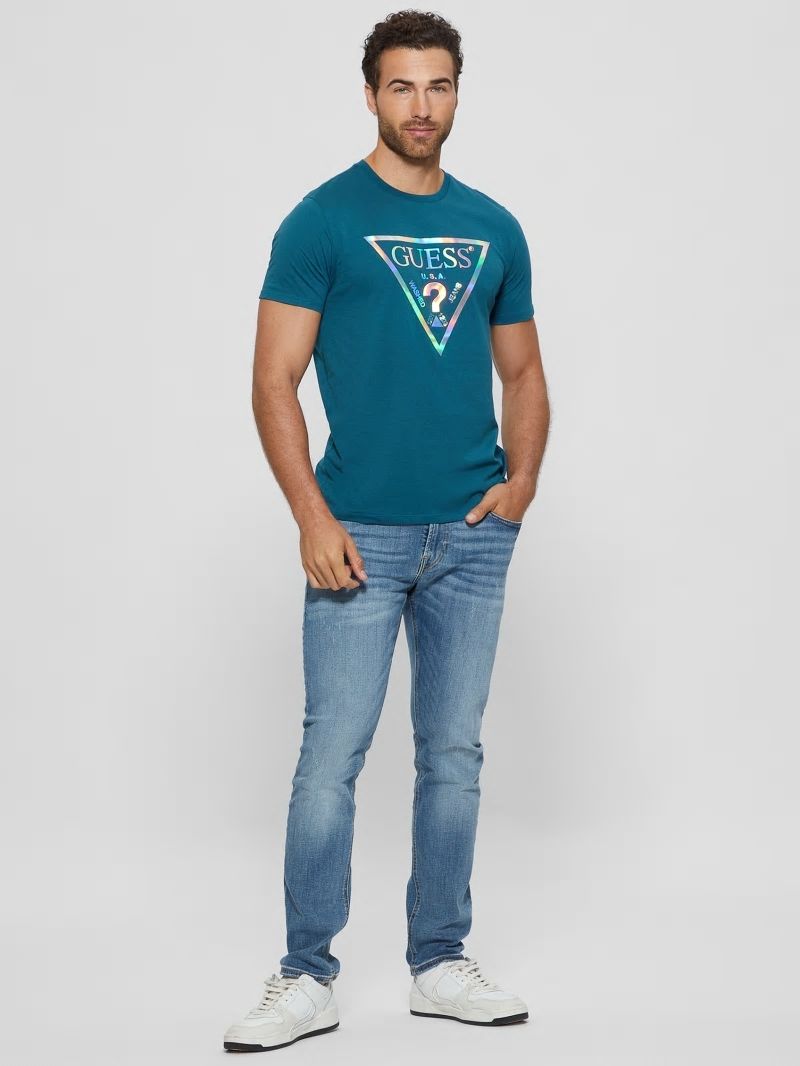 Guess Iridescent Signature Tee - Bold Teal