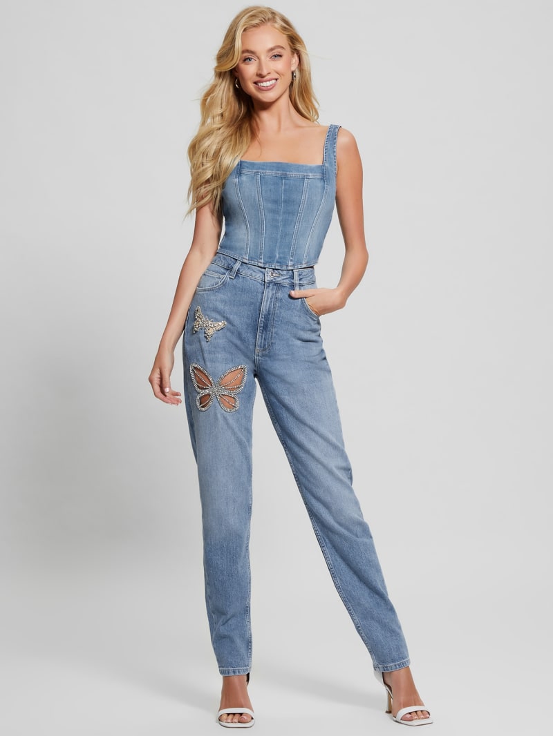 Guess Rhinestone Butterfly High-Rise Mom Jeans - Oneroa