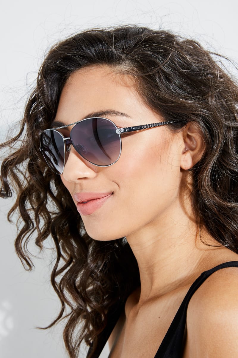 Guess Catherine Rhinestone Aviator Sunglasses - Beat Up Wash