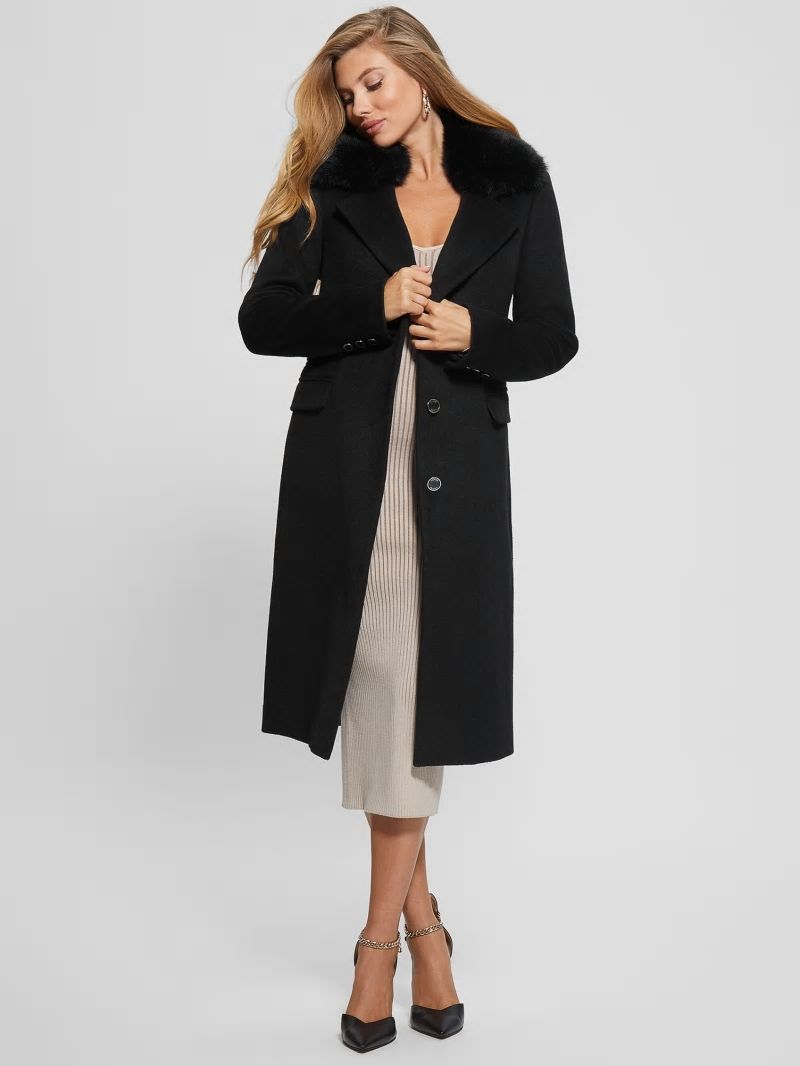 Guess Eco Laurence Faux-Fur Midi Coat - Black