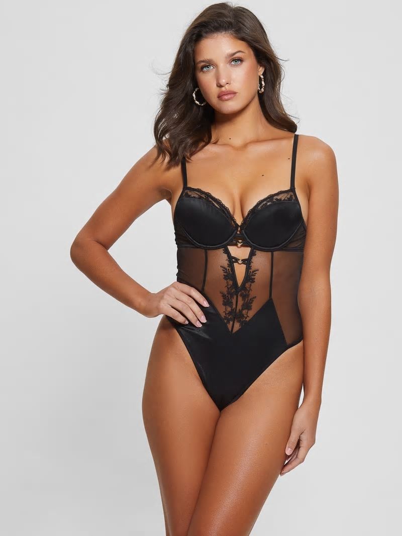 Guess Corynn Quattro G and Lace Bodysuit - Rhombus G Shiny Black