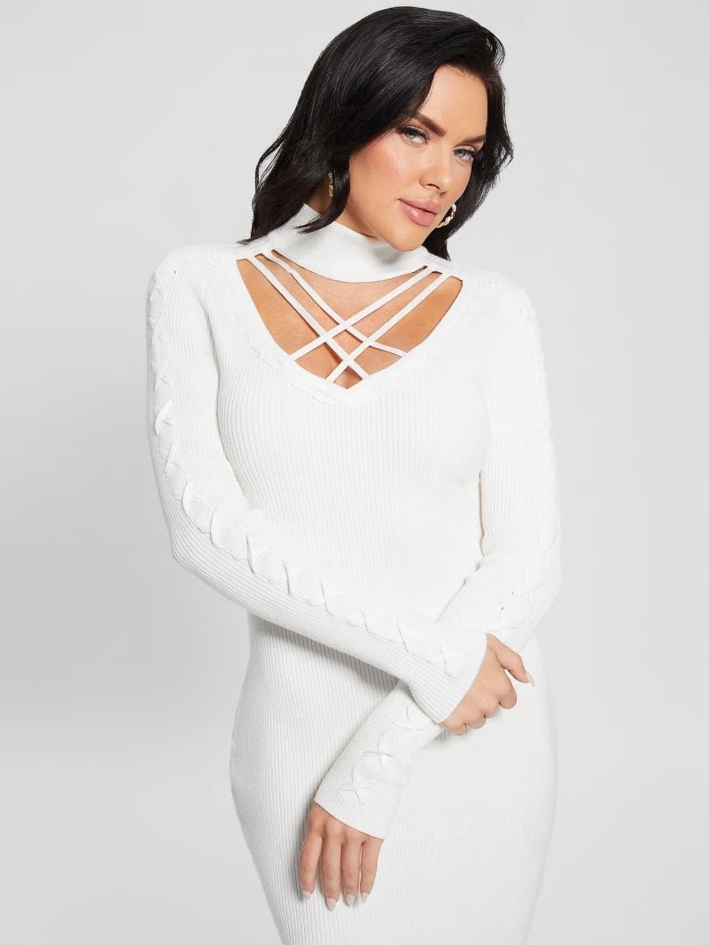 Guess Eco Dylan Mock Neck Cutout Dress - Dove White