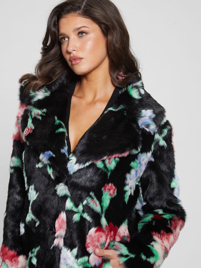 Guess Magda Faux-Fur Coat - Blossom Flower Black