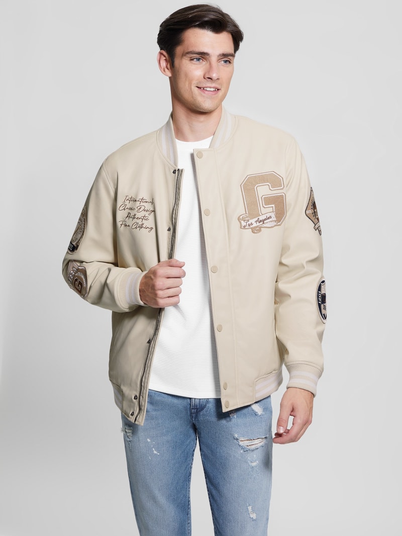 Guess Varsity Faux-Leather Flight Jacket - Quicksand