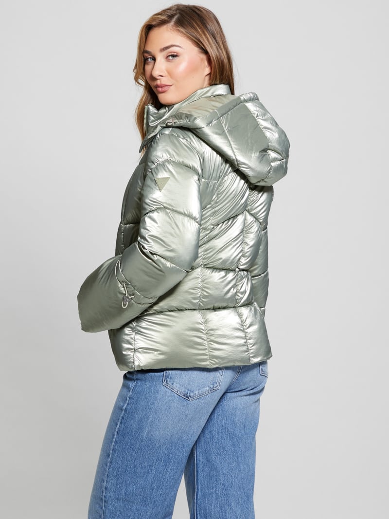 Guess Paloma Nylon Puffer Hooded Jacket - Sage Leaf Multi