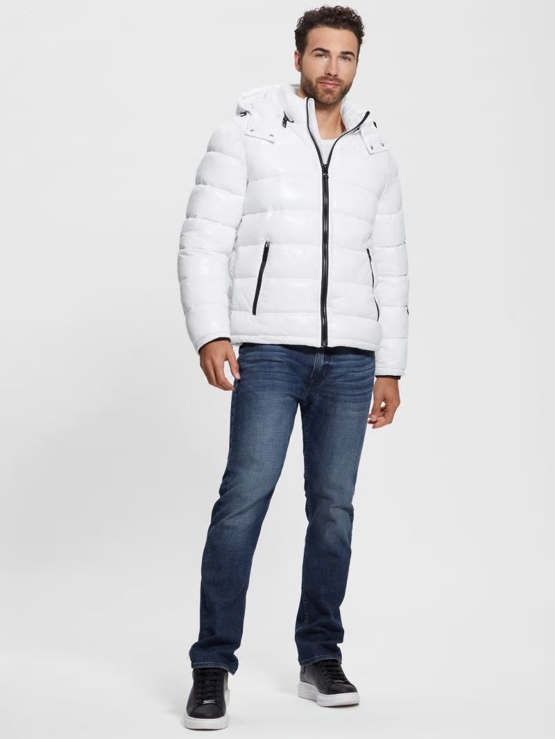 Guess Shiny Hooded Puffer Jacket - Pure White