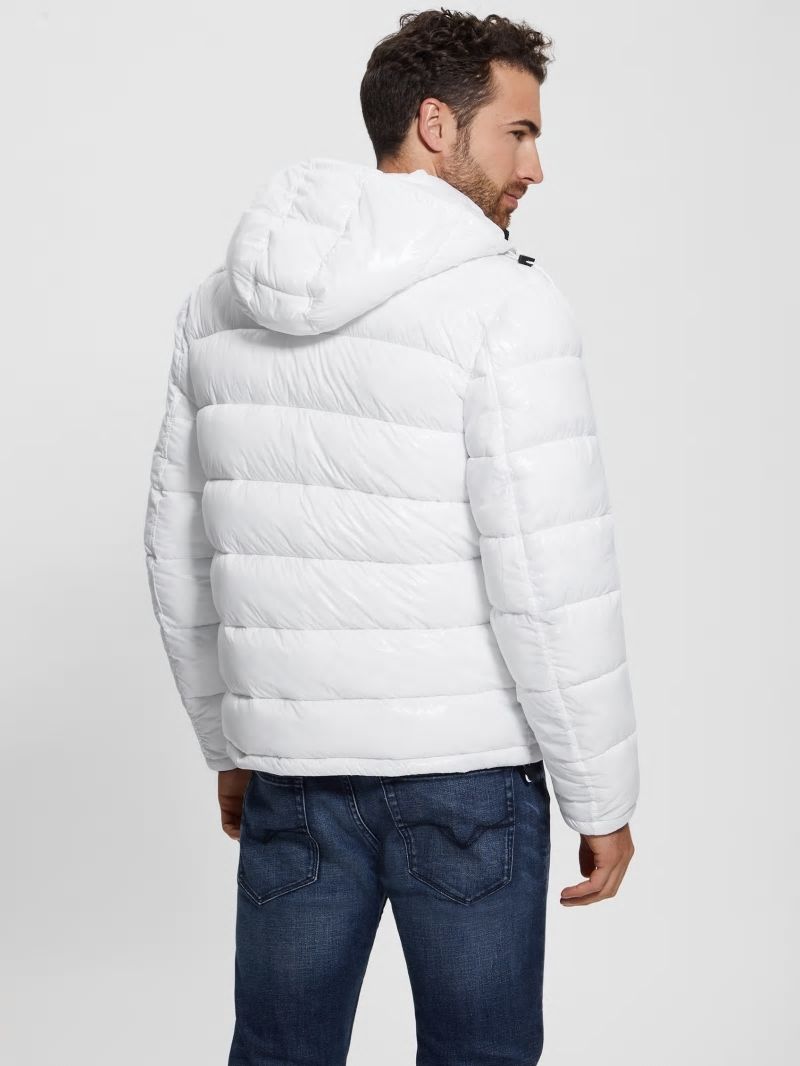 Guess Shiny Hooded Puffer Jacket - Pure White