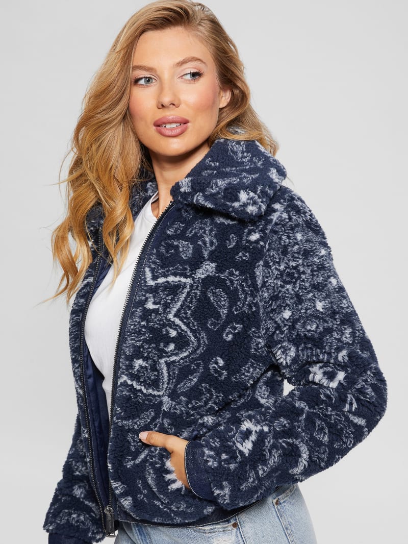 Guess Eco Carmela Printed Sherpa Jacket - Blue Bandana Combo