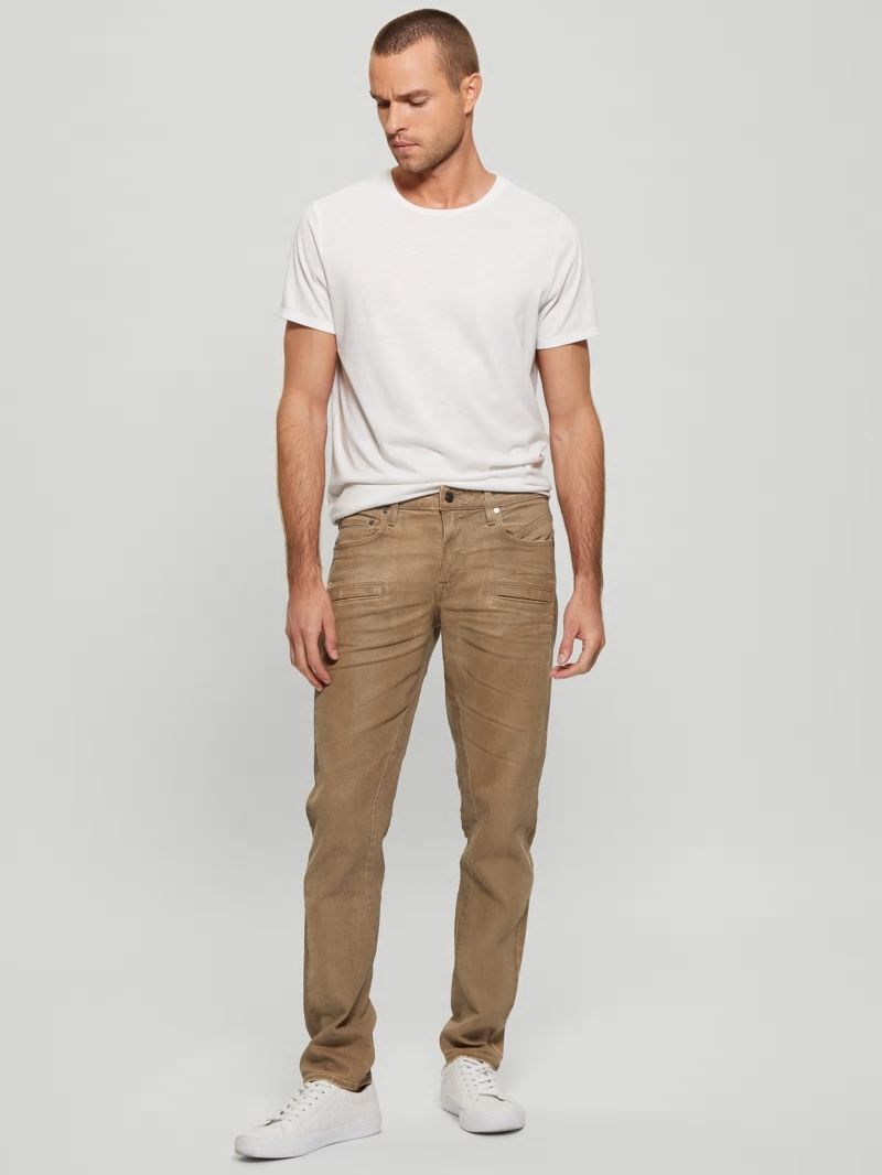 Guess Coated Denim Slim Tapered Zip Jeans - Isotope Brown