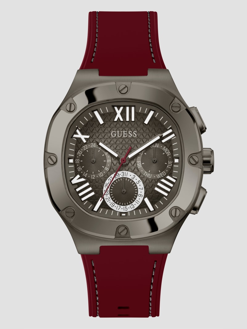 Guess Gunmetal and Burgundy Silicone Multifunction Watch - Gunmetal