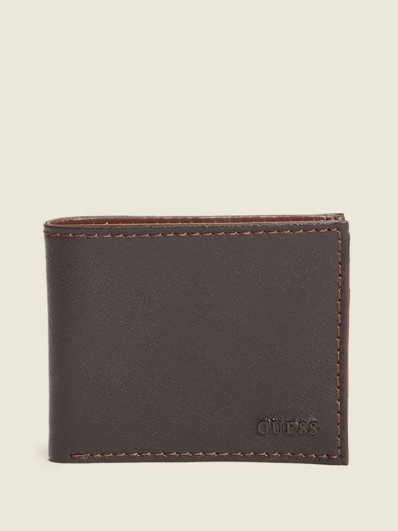 Guess Contrast Stitch Slimfold Wallet - Brown Leather