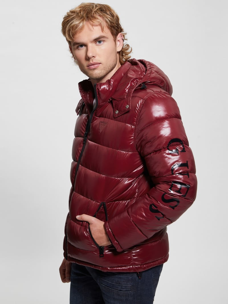 Guess Shiny Hooded Puffer Jacket - Vino