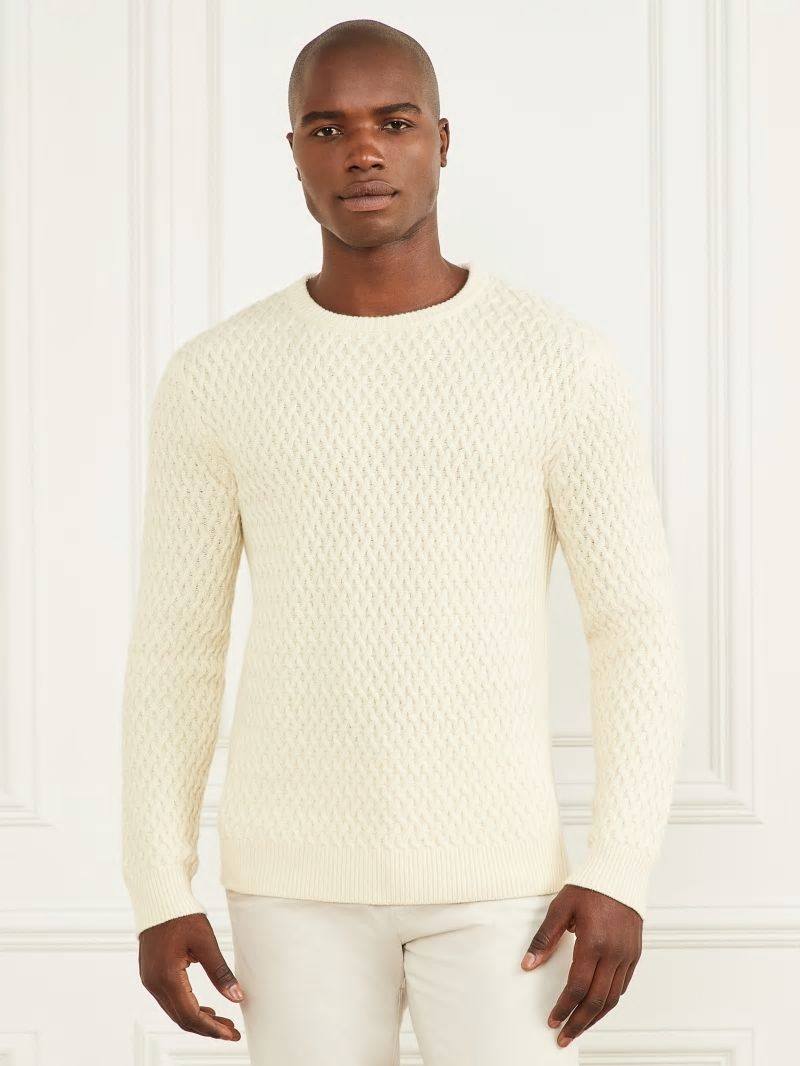 Guess Eco Basket Stitch Crewneck Sweater - Spirit White