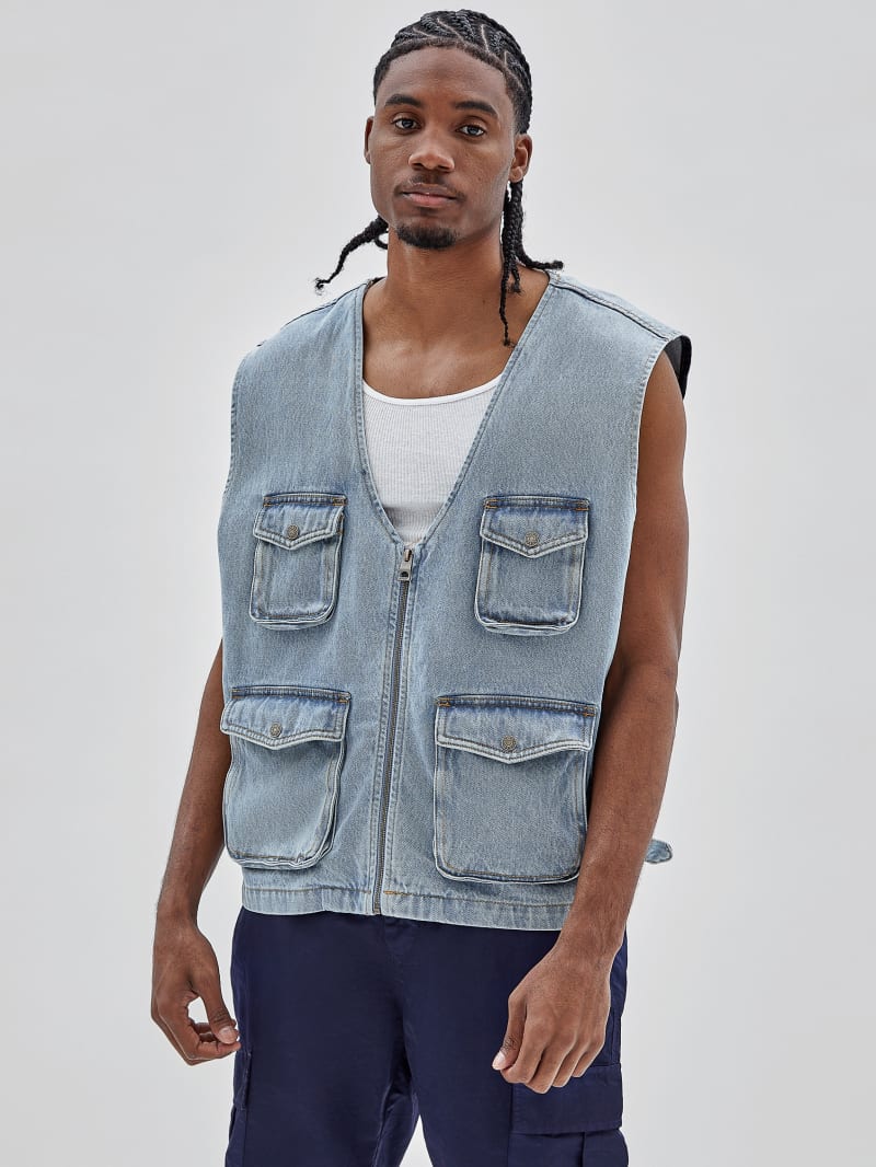 Guess GUESS Originals Denim Cargo Vest - Go Lt Vintage Wash