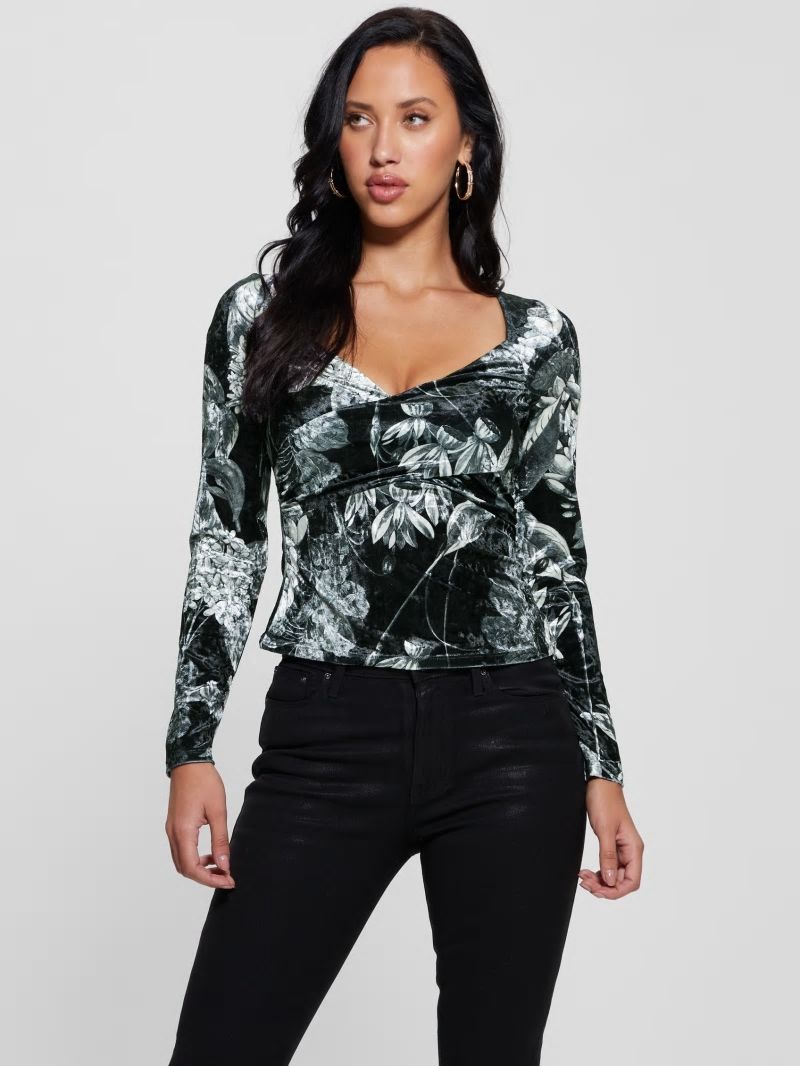 Guess Dianna Velvet Top - Phantom Flora Print Black