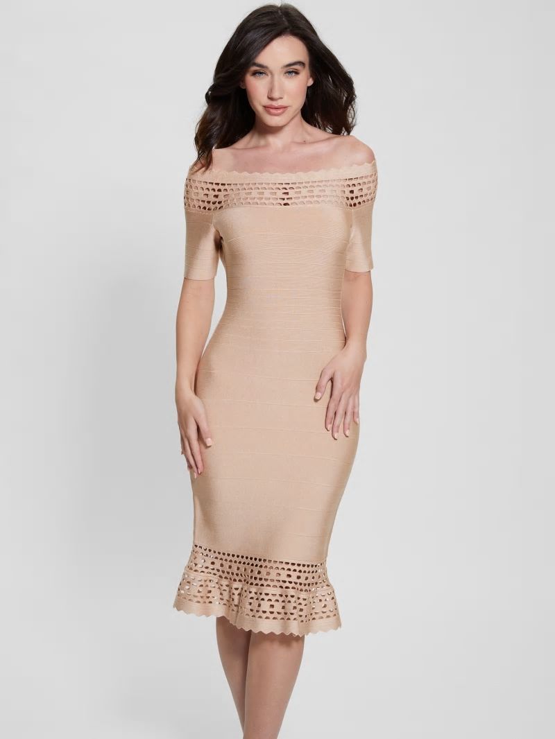 Guess Gabriela Off-the-Shoulder Bandage Dress - Foamy Taupe Multi