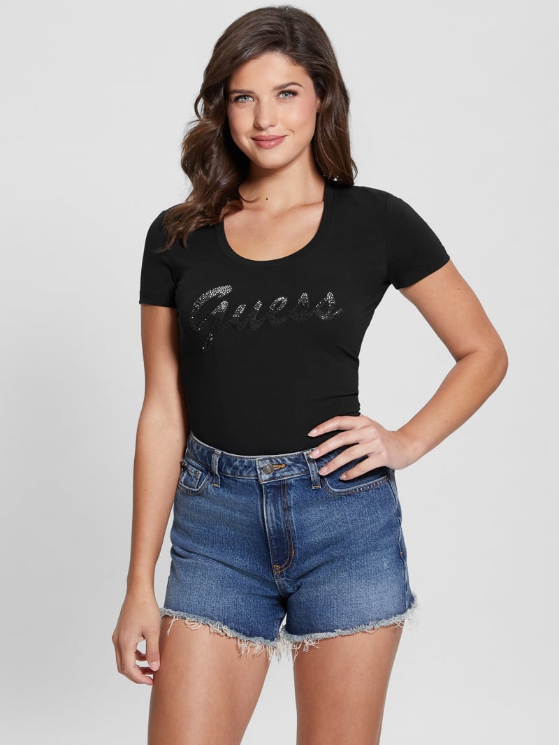 Guess Eco Ombre Rhinestone Monogram Tee - Black