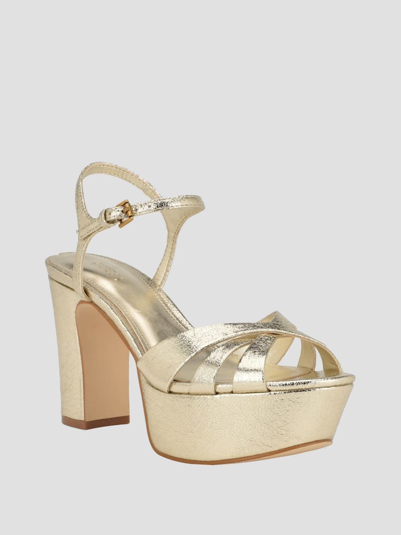 Guess Haylo Crisscross Platform Block Heels - Gold