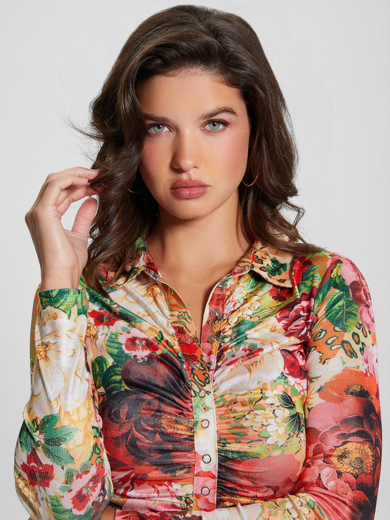 Guess Milana Shirred Printed Blouse - Peony Animal Print