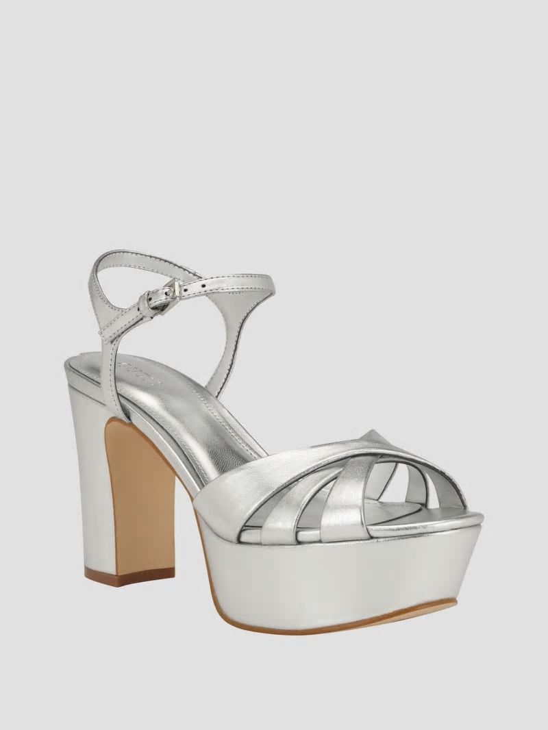 Guess Haylo Crisscross Platform Block Heels - Silver 040