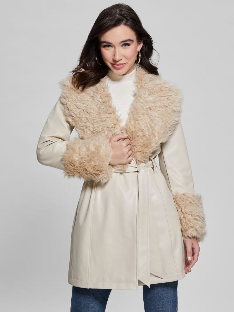 Guess Aurora Faux-Leather Coat - Pearl Oyster Multi