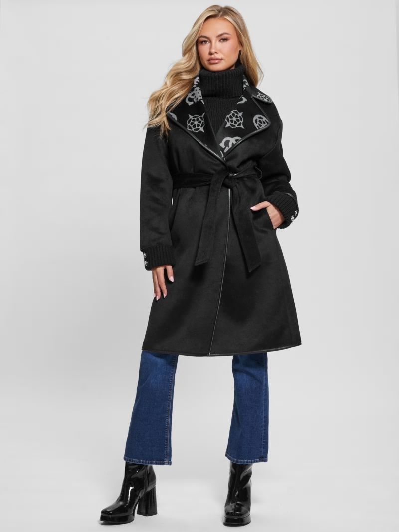 Guess Ludovica Wool-Blend Wrap Coat - Jacquard Logo Black Combo