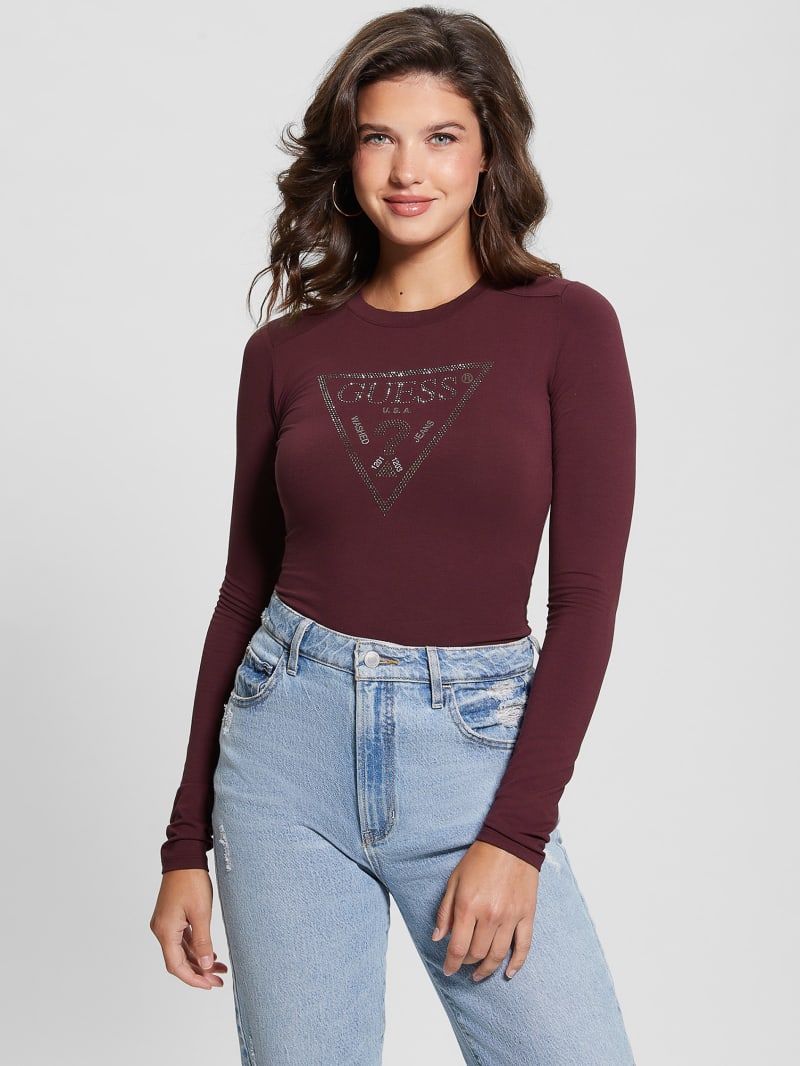 Guess Eco Rhinestone Triangle Long-Sleeve Bodysuit - Mystic Wine