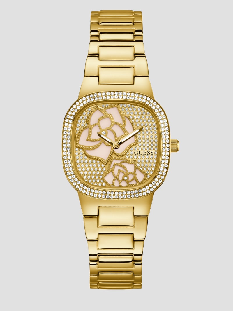 Guess Gold-Tone Rhinestone Rose Analog Watch - Gold