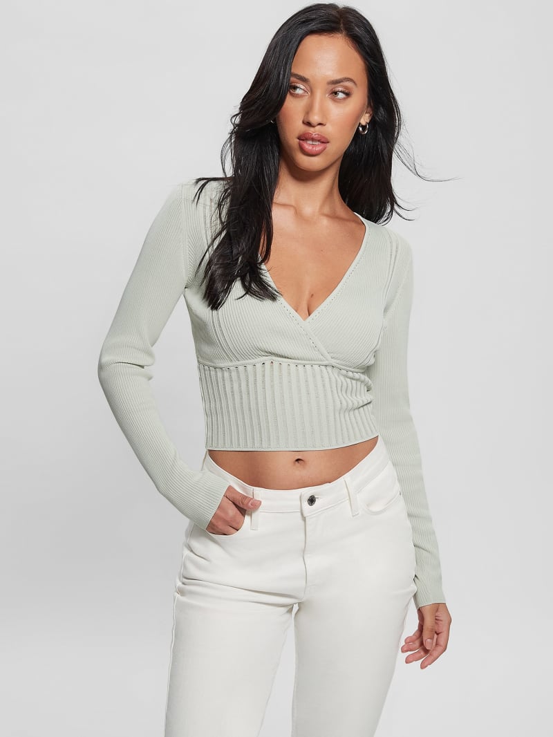 Guess Surplice Soft Bandage Sweater Top - Tweener Green