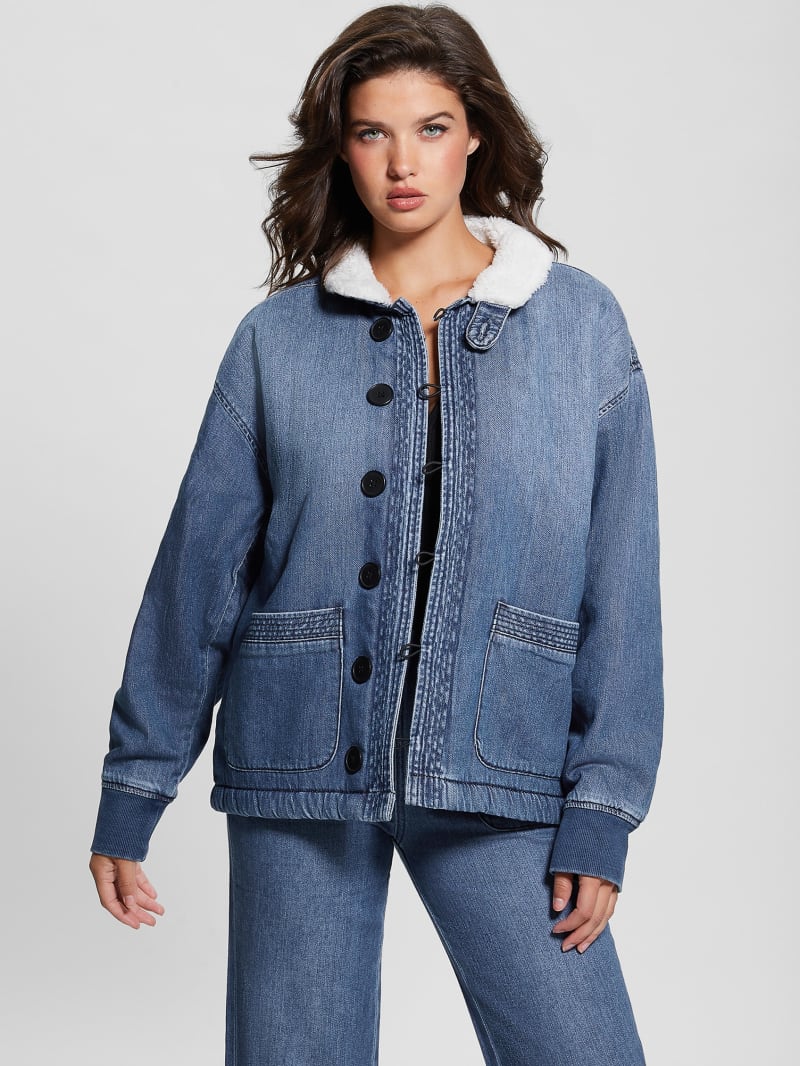 Guess Lana Sherpa-Lined Denim Jacket - Noka Wash