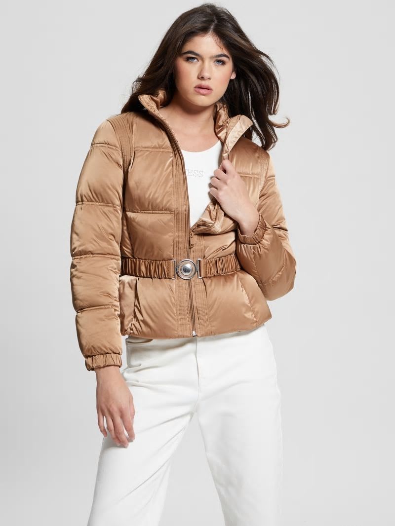 Guess Eco Lucia Belt Bag Puffer Jacket - Wet Sand Multi