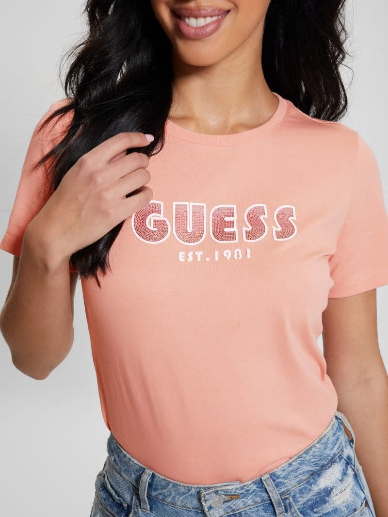 Guess Eco Crewneck Rhinestone Logo Tee - Powder Rose