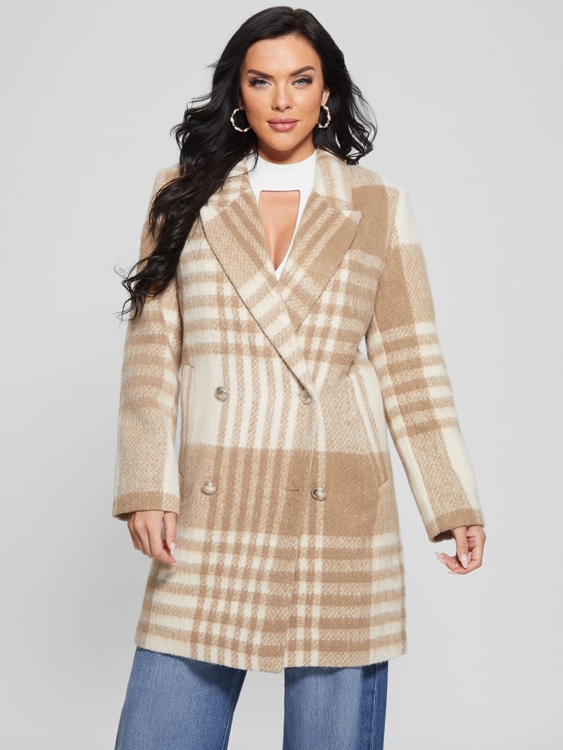 Guess Ramona Plaid Coat - Camel Check