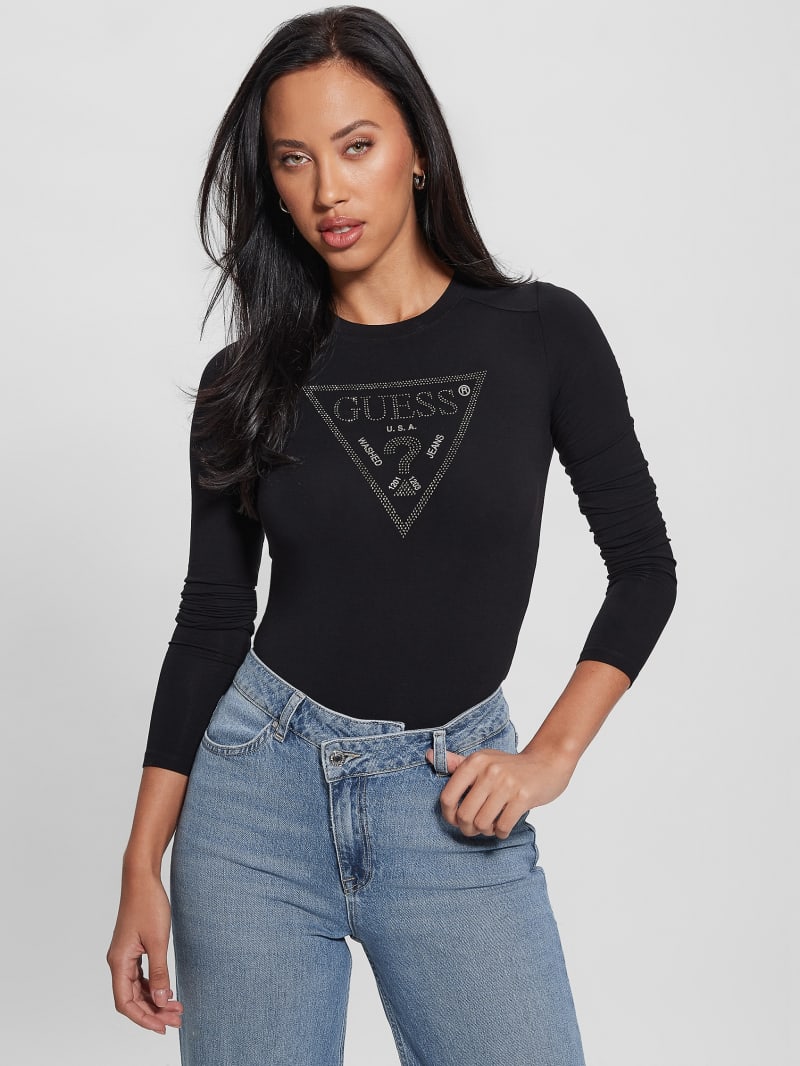 Guess Eco Rhinestone Triangle Long-Sleeve Bodysuit - Black