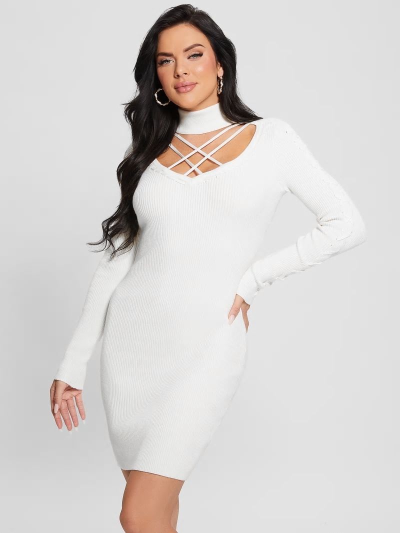 Guess Eco Dylan Mock Neck Cutout Dress - Dove White