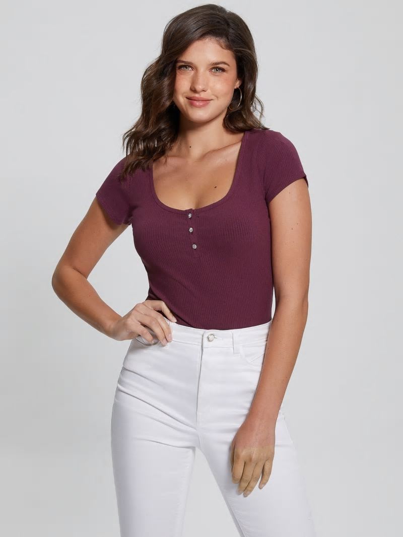 Guess Eco Karlee Henley Tee - Black Cherry