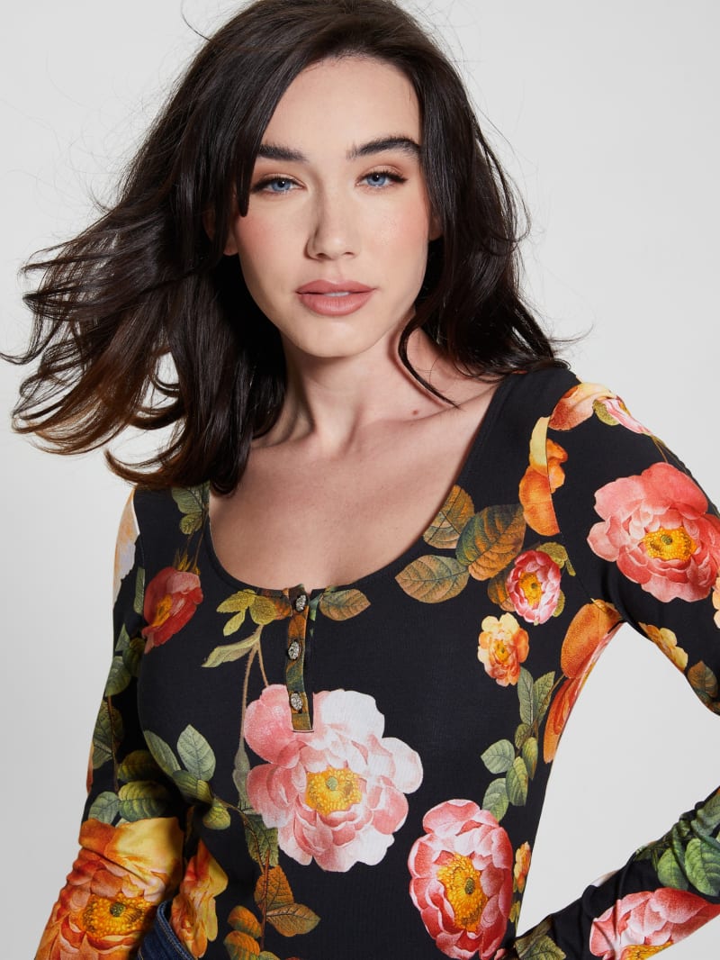 Guess Eco Karla Floral Henley Tee - Peony Charm Print Black