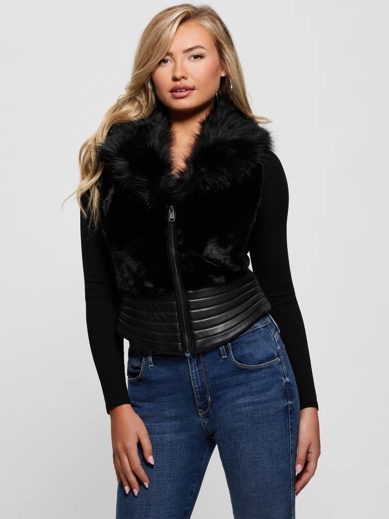 Guess Jodie Faux-Fur Vest - Jet Black Multi